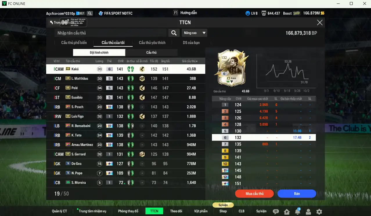 Ảnh Full mùa ITM 126.835b có Kaká+6, Pelé, Matthaus, Eusébio, Figo+1, Gerrard+1… Ful miniface, còn nhiều thẻ GIẢM THUẾ. HLV Siêu Xịn, đã full đào tạo chiến thuật lẫn chỉ số cầu thủ