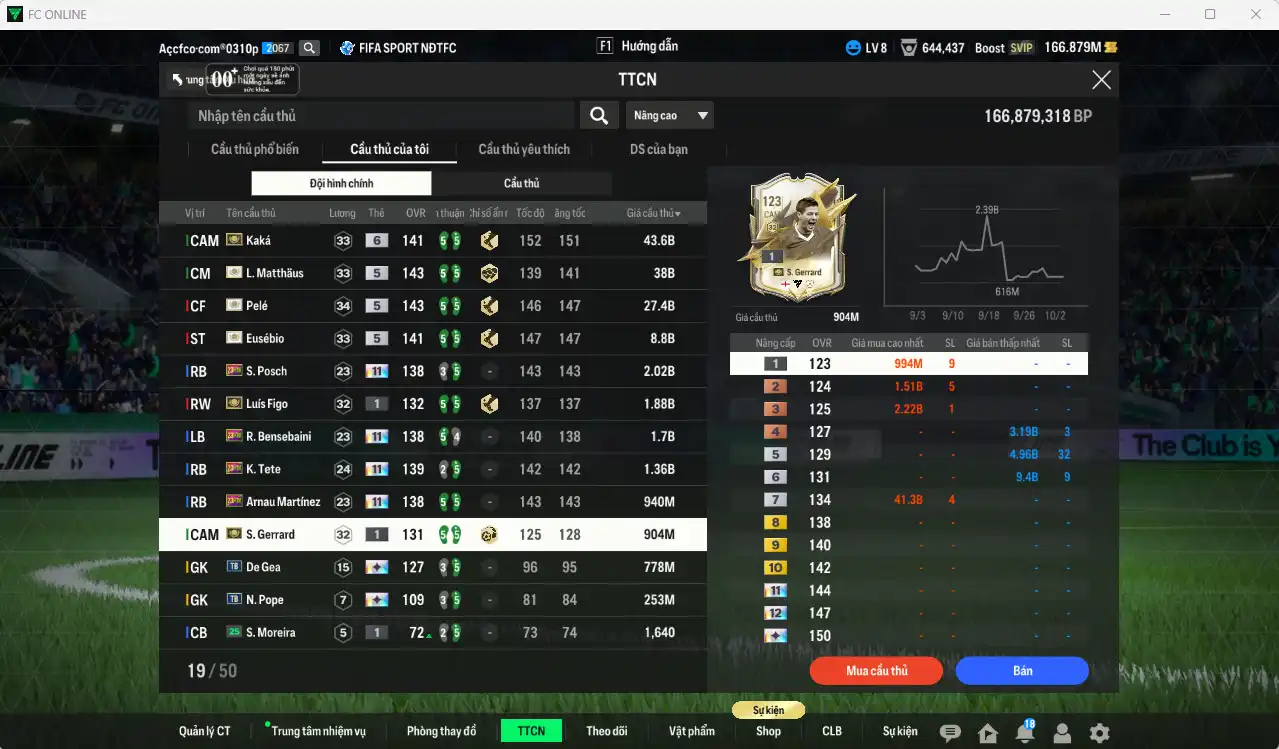Ảnh Full mùa ITM 126.835b có Kaká+6, Pelé, Matthaus, Eusébio, Figo+1, Gerrard+1… Ful miniface, còn nhiều thẻ GIẢM THUẾ. HLV Siêu Xịn, đã full đào tạo chiến thuật lẫn chỉ số cầu thủ