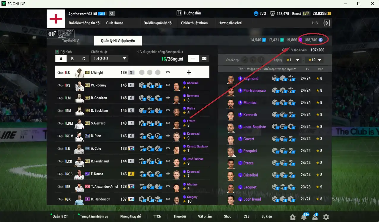 Ảnh Team Anh 298.352b dư 28b có Gerrard ITM+7, Beckham ITM+6, Charlton ITM+6, Rooney ITM+6, Ferdinand ITM+6, Konsa PTG+8, Rice 26TS+6, Wright ITM… Full miniface, còn rất nhiều thẻ GIẢM THUẾ. HLV Xịn, đã full đào tạo chiến thuật lẫn chỉ số cầu thủ, dư nhiều CP
