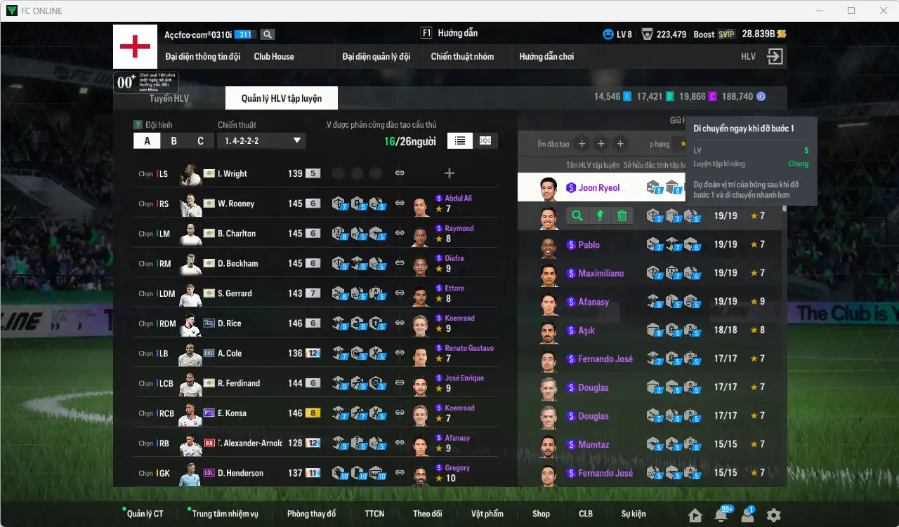 Ảnh Team Anh 298.352b dư 28b có Gerrard ITM+7, Beckham ITM+6, Charlton ITM+6, Rooney ITM+6, Ferdinand ITM+6, Konsa PTG+8, Rice 26TS+6, Wright ITM… Full miniface, còn rất nhiều thẻ GIẢM THUẾ. HLV Xịn, đã full đào tạo chiến thuật lẫn chỉ số cầu thủ, dư nhiều CP
