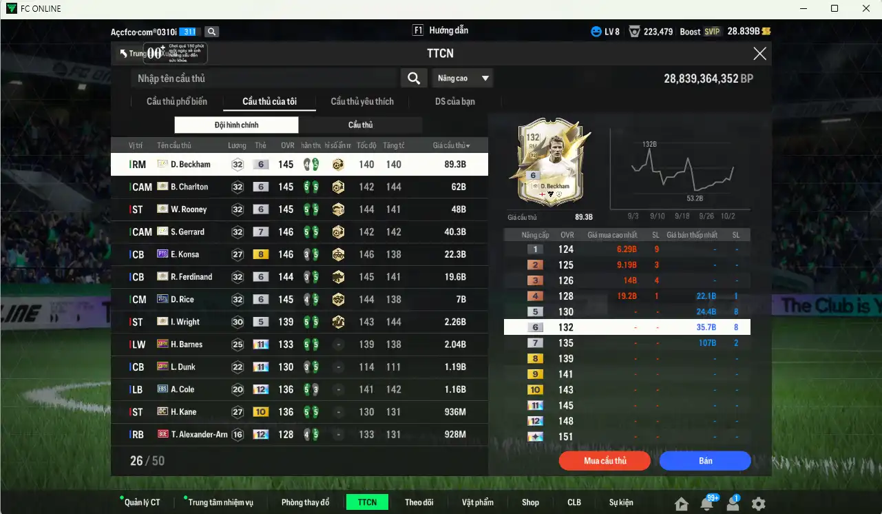 Ảnh Team Anh 298.352b dư 28b có Gerrard ITM+7, Beckham ITM+6, Charlton ITM+6, Rooney ITM+6, Ferdinand ITM+6, Konsa PTG+8, Rice 26TS+6, Wright ITM… Full miniface, còn rất nhiều thẻ GIẢM THUẾ. HLV Xịn, đã full đào tạo chiến thuật lẫn chỉ số cầu thủ, dư nhiều CP