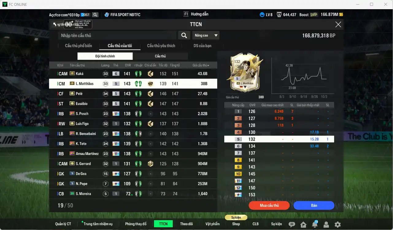 Ảnh Full mùa ITM 126.835b có Kaká+6, Pelé, Matthaus, Eusébio, Figo+1, Gerrard+1… Ful miniface, còn nhiều thẻ GIẢM THUẾ. HLV Siêu Xịn, đã full đào tạo chiến thuật lẫn chỉ số cầu thủ