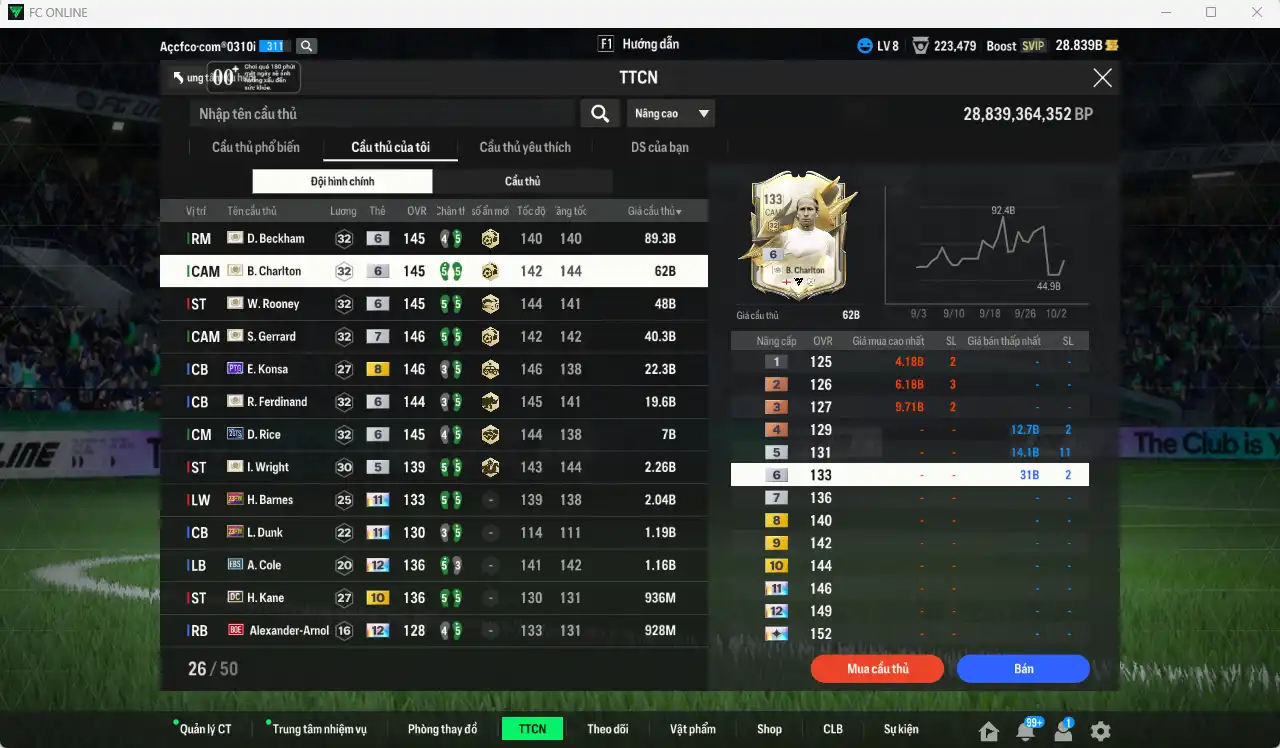 Ảnh Team Anh 298.352b dư 28b có Gerrard ITM+7, Beckham ITM+6, Charlton ITM+6, Rooney ITM+6, Ferdinand ITM+6, Konsa PTG+8, Rice 26TS+6, Wright ITM… Full miniface, còn rất nhiều thẻ GIẢM THUẾ. HLV Xịn, đã full đào tạo chiến thuật lẫn chỉ số cầu thủ, dư nhiều CP