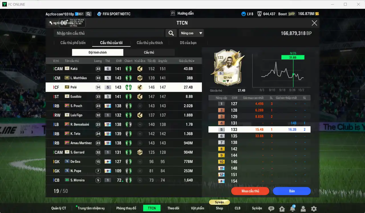 Ảnh Full mùa ITM 126.835b có Kaká+6, Pelé, Matthaus, Eusébio, Figo+1, Gerrard+1… Ful miniface, còn nhiều thẻ GIẢM THUẾ. HLV Siêu Xịn, đã full đào tạo chiến thuật lẫn chỉ số cầu thủ