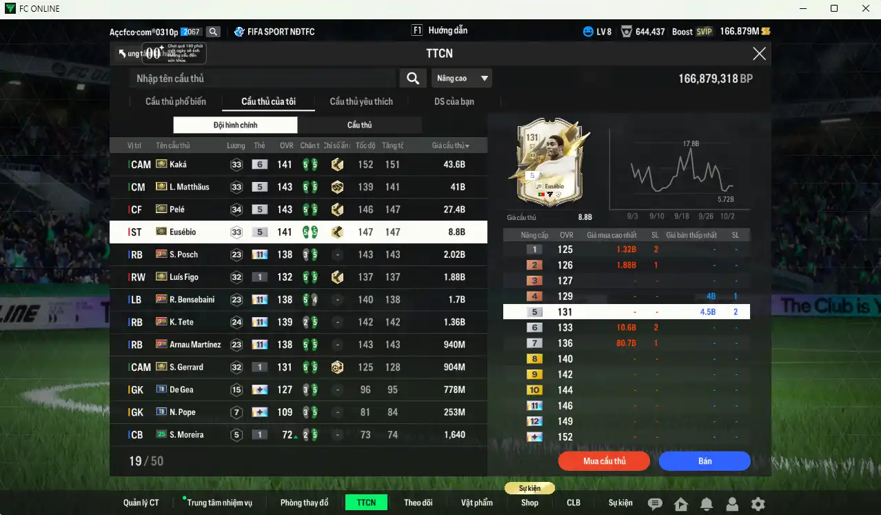 Ảnh Full mùa ITM 126.835b có Kaká+6, Pelé, Matthaus, Eusébio, Figo+1, Gerrard+1… Ful miniface, còn nhiều thẻ GIẢM THUẾ. HLV Siêu Xịn, đã full đào tạo chiến thuật lẫn chỉ số cầu thủ