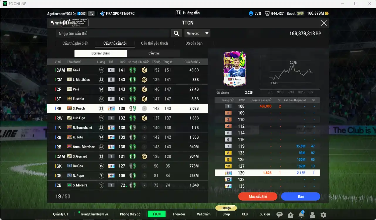 Ảnh Full mùa ITM 126.835b có Kaká+6, Pelé, Matthaus, Eusébio, Figo+1, Gerrard+1… Ful miniface, còn nhiều thẻ GIẢM THUẾ. HLV Siêu Xịn, đã full đào tạo chiến thuật lẫn chỉ số cầu thủ