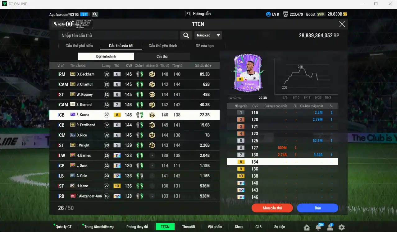Ảnh Team Anh 298.352b dư 28b có Gerrard ITM+7, Beckham ITM+6, Charlton ITM+6, Rooney ITM+6, Ferdinand ITM+6, Konsa PTG+8, Rice 26TS+6, Wright ITM… Full miniface, còn rất nhiều thẻ GIẢM THUẾ. HLV Xịn, đã full đào tạo chiến thuật lẫn chỉ số cầu thủ, dư nhiều CP