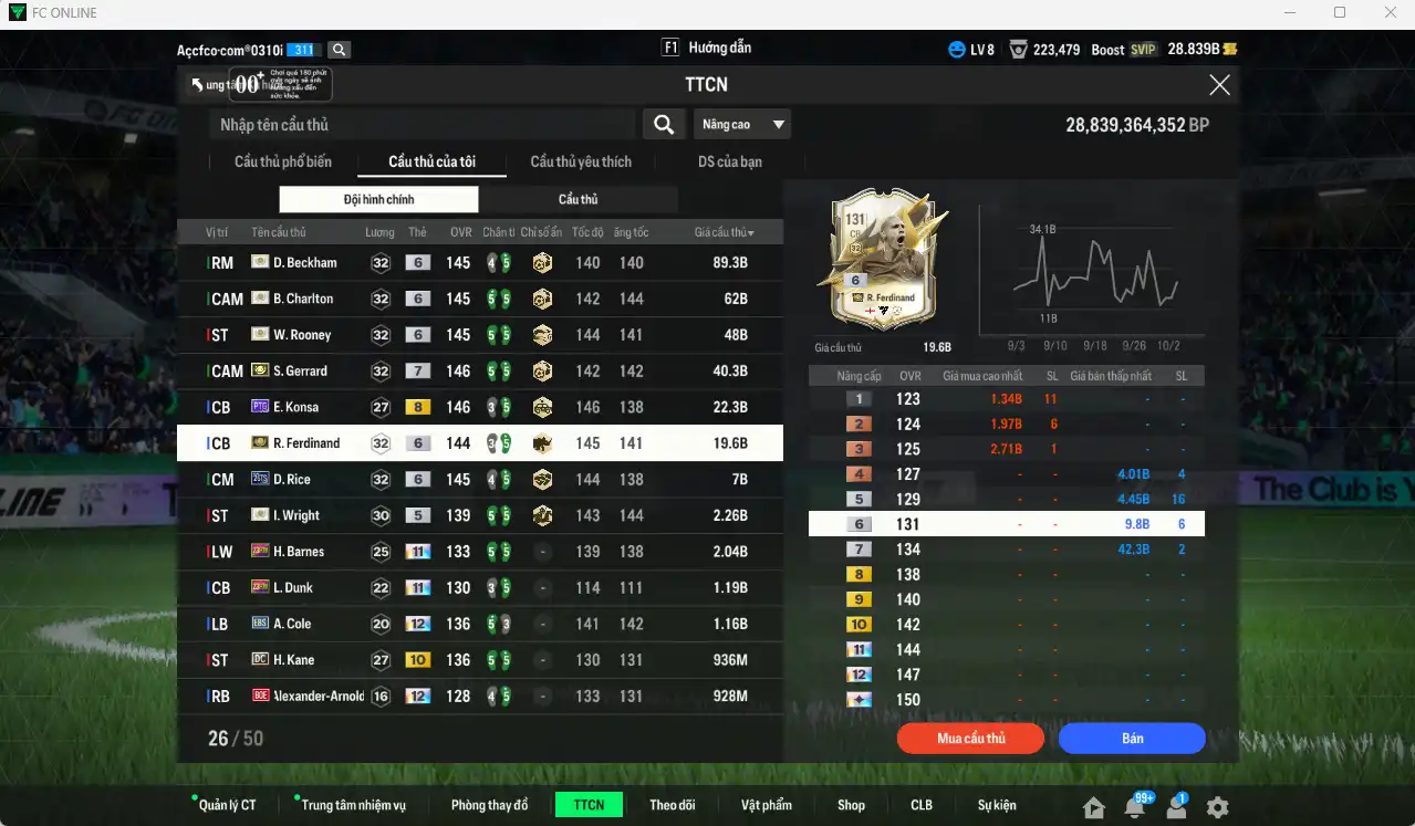 Ảnh Team Anh 298.352b dư 28b có Gerrard ITM+7, Beckham ITM+6, Charlton ITM+6, Rooney ITM+6, Ferdinand ITM+6, Konsa PTG+8, Rice 26TS+6, Wright ITM… Full miniface, còn rất nhiều thẻ GIẢM THUẾ. HLV Xịn, đã full đào tạo chiến thuật lẫn chỉ số cầu thủ, dư nhiều CP