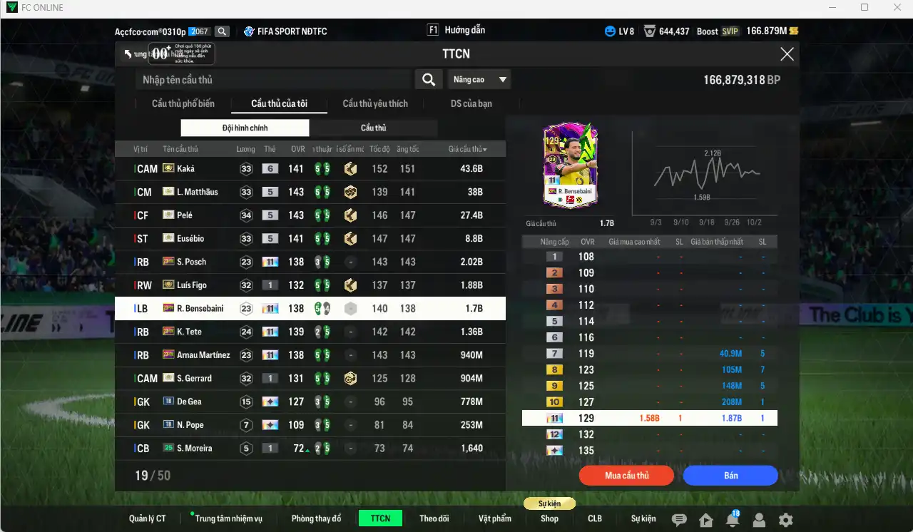Ảnh Full mùa ITM 126.835b có Kaká+6, Pelé, Matthaus, Eusébio, Figo+1, Gerrard+1… Ful miniface, còn nhiều thẻ GIẢM THUẾ. HLV Siêu Xịn, đã full đào tạo chiến thuật lẫn chỉ số cầu thủ