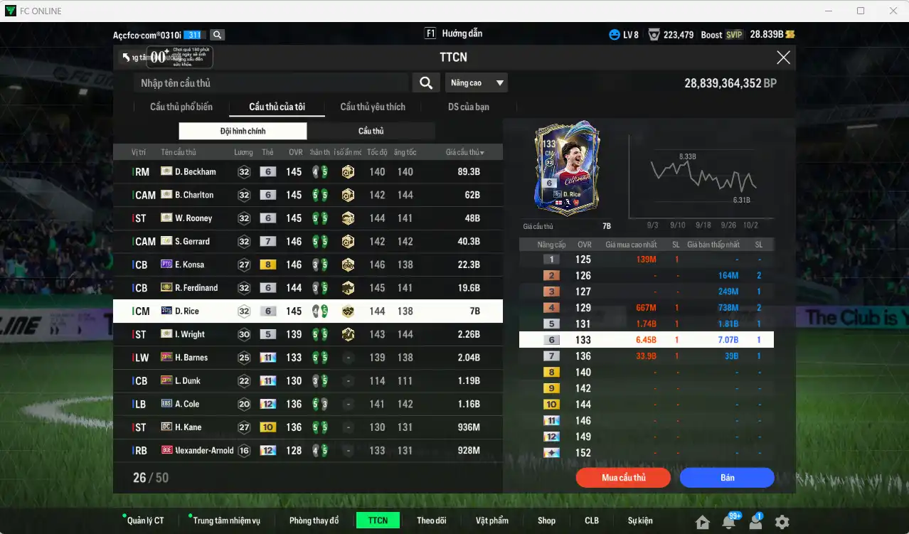 Ảnh Team Anh 298.352b dư 28b có Gerrard ITM+7, Beckham ITM+6, Charlton ITM+6, Rooney ITM+6, Ferdinand ITM+6, Konsa PTG+8, Rice 26TS+6, Wright ITM… Full miniface, còn rất nhiều thẻ GIẢM THUẾ. HLV Xịn, đã full đào tạo chiến thuật lẫn chỉ số cầu thủ, dư nhiều CP
