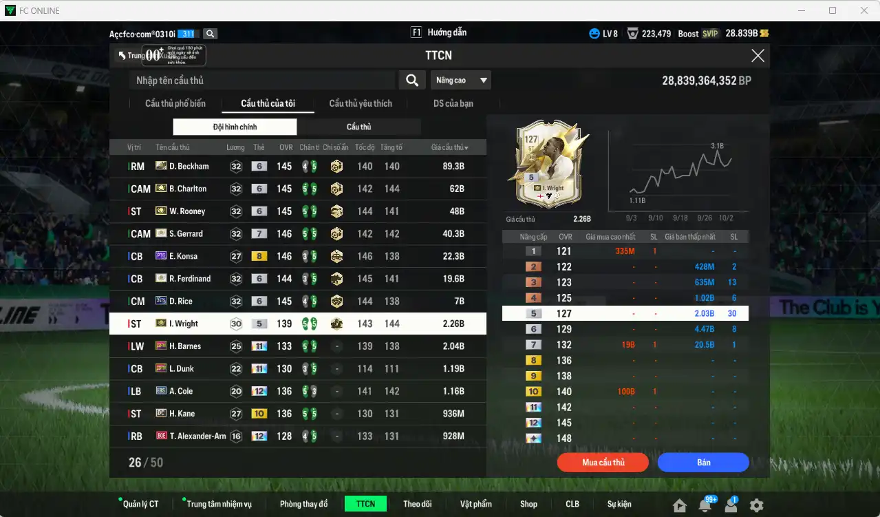 Ảnh Team Anh 298.352b dư 28b có Gerrard ITM+7, Beckham ITM+6, Charlton ITM+6, Rooney ITM+6, Ferdinand ITM+6, Konsa PTG+8, Rice 26TS+6, Wright ITM… Full miniface, còn rất nhiều thẻ GIẢM THUẾ. HLV Xịn, đã full đào tạo chiến thuật lẫn chỉ số cầu thủ, dư nhiều CP