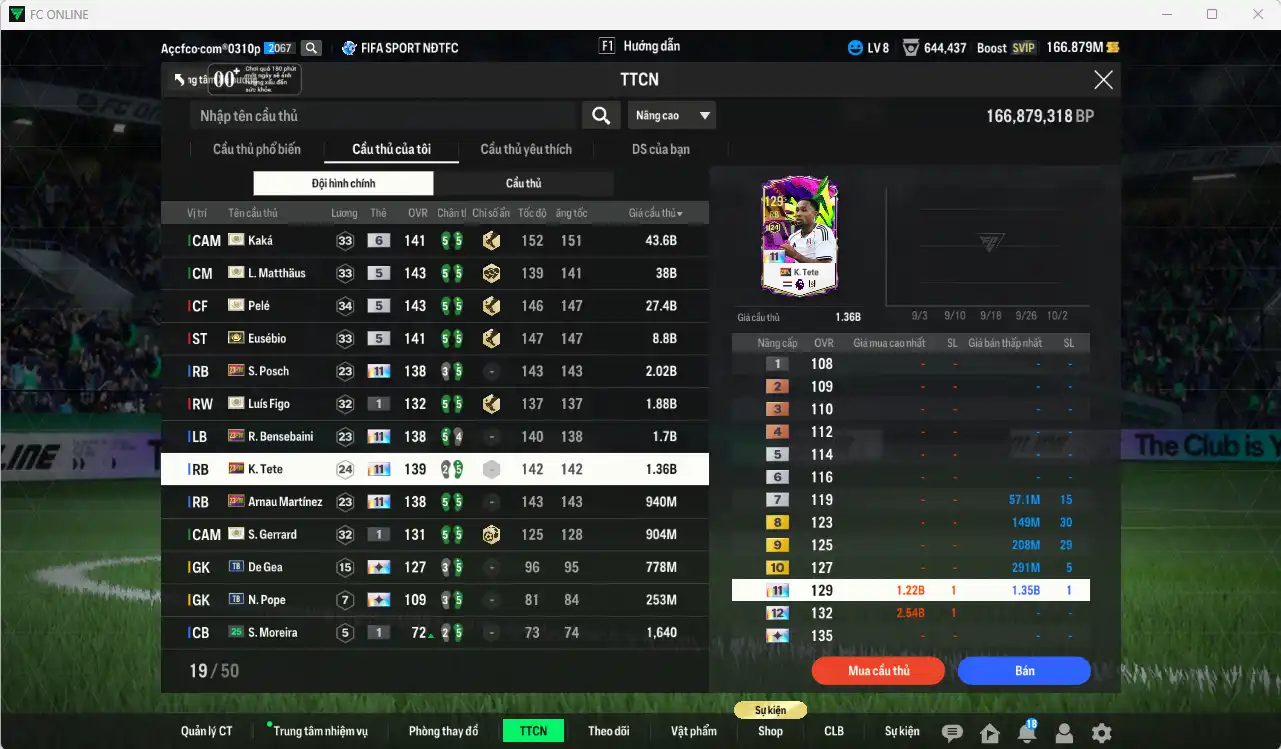 Ảnh Full mùa ITM 126.835b có Kaká+6, Pelé, Matthaus, Eusébio, Figo+1, Gerrard+1… Ful miniface, còn nhiều thẻ GIẢM THUẾ. HLV Siêu Xịn, đã full đào tạo chiến thuật lẫn chỉ số cầu thủ