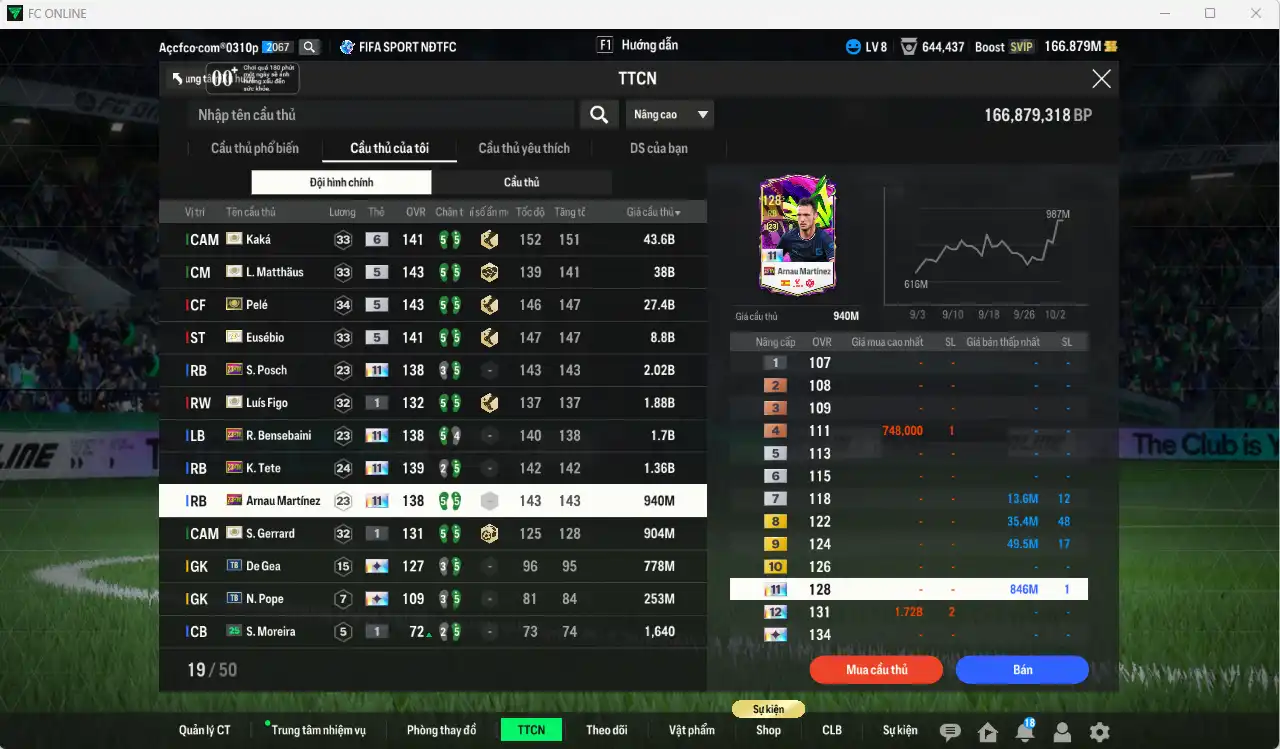 Ảnh Full mùa ITM 126.835b có Kaká+6, Pelé, Matthaus, Eusébio, Figo+1, Gerrard+1… Ful miniface, còn nhiều thẻ GIẢM THUẾ. HLV Siêu Xịn, đã full đào tạo chiến thuật lẫn chỉ số cầu thủ