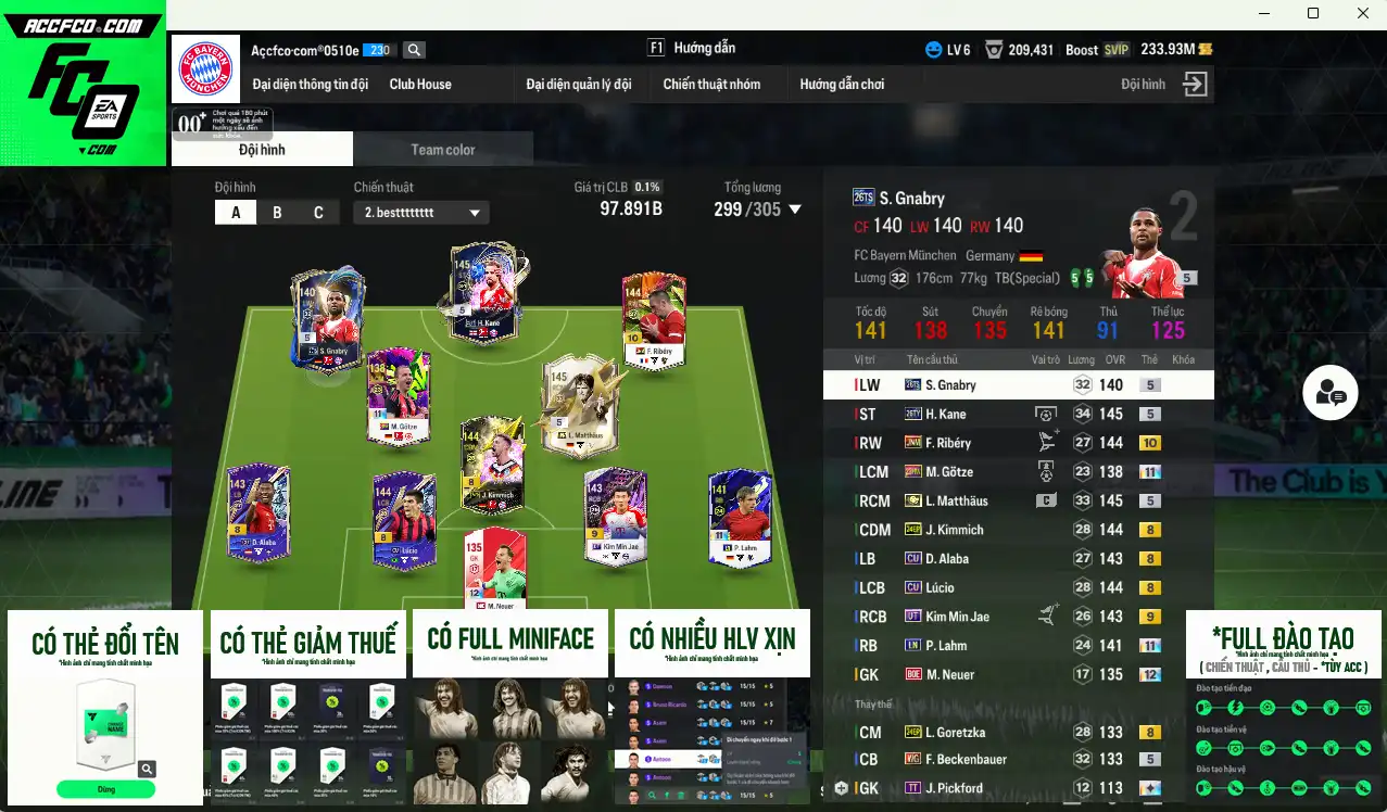 Bayern Munich 97.891b có Matthaus ITM, Kane 26TY, Lahm LN+11, Neuer BOE+12, Beckenbauer WG, Gnabry 26TS… Full miniface, còn nhiều thẻ GIẢM THUẾ. HLV Siêu Xịn, đã đào tạo full chỉ số ct, còn nhiều CP