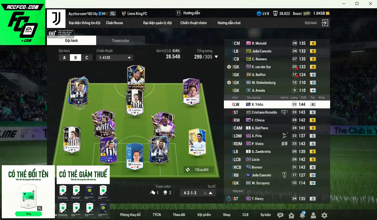 Juventus 28.540b dư 1b có CR7 WS+6, Yildiz 26TS+5, Bremer 26TS+6, Vieira UC, Pirlo UC, Matuidi 25HR, Romero 24EP+9. Del Piero JVA+9… Còn nhiều thẻ GIẢM THUẾ. HLV tạm, đã đào tạo chỉ số nhiều ct