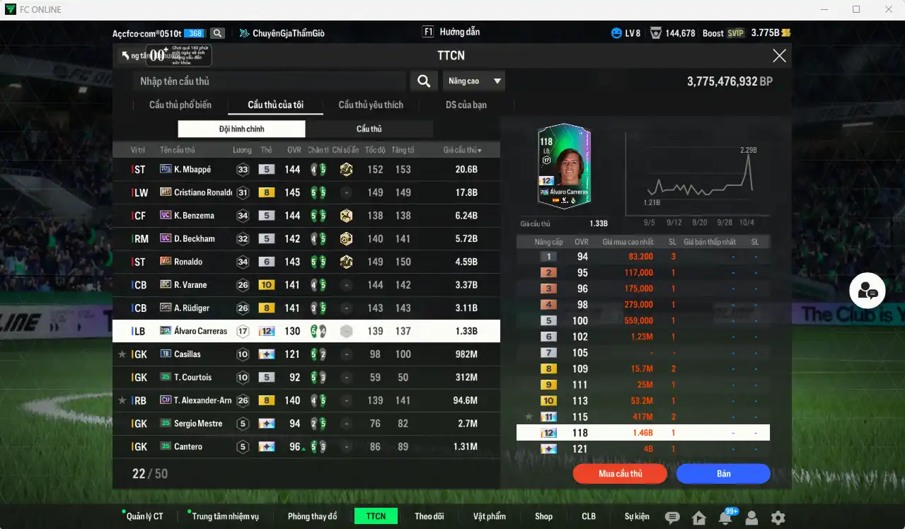Ảnh Real Madrid 182.952b có CR7 BLD+8, Mbappé 26TS, Kaká ITM+6, Bellingham 26TY+6, Benzema UC, Beckham UC, Ronaldo WG+6, Varane DC+10, Rudiger 24TS+8… Còn rất nhiều thẻ GIẢM THUẾ. HLV Siêu Xịn, đã full đào tạo chiến thuật lẫn chỉ số ct, dư rất nhiều CP và TC