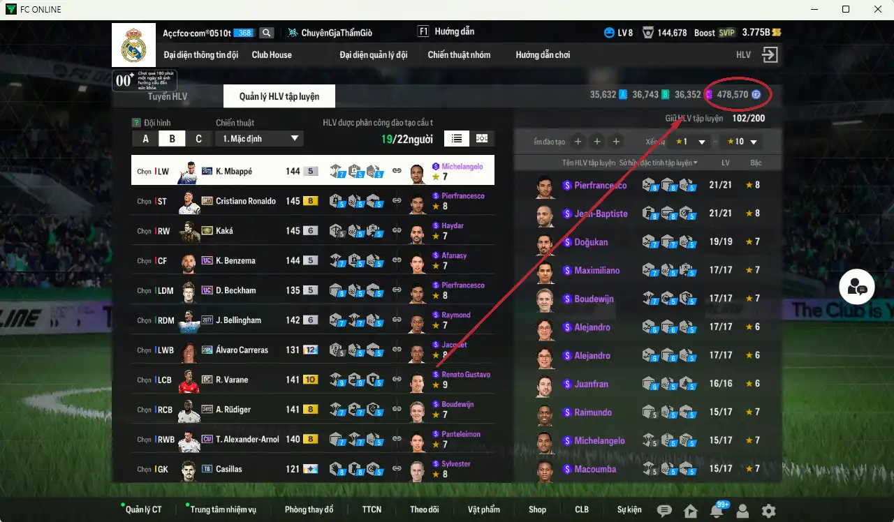Ảnh Real Madrid 182.952b có CR7 BLD+8, Mbappé 26TS, Kaká ITM+6, Bellingham 26TY+6, Benzema UC, Beckham UC, Ronaldo WG+6, Varane DC+10, Rudiger 24TS+8… Còn rất nhiều thẻ GIẢM THUẾ. HLV Siêu Xịn, đã full đào tạo chiến thuật lẫn chỉ số ct, dư rất nhiều CP và TC