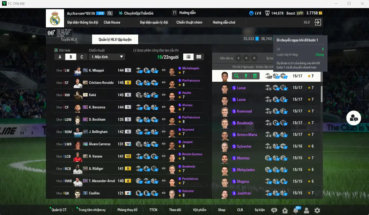 Ảnh Real Madrid 182.952b có CR7 BLD+8, Mbappé 26TS, Kaká ITM+6, Bellingham 26TY+6, Benzema UC, Beckham UC, Ronaldo WG+6, Varane DC+10, Rudiger 24TS+8… Còn rất nhiều thẻ GIẢM THUẾ. HLV Siêu Xịn, đã full đào tạo chiến thuật lẫn chỉ số ct, dư rất nhiều CP và TC