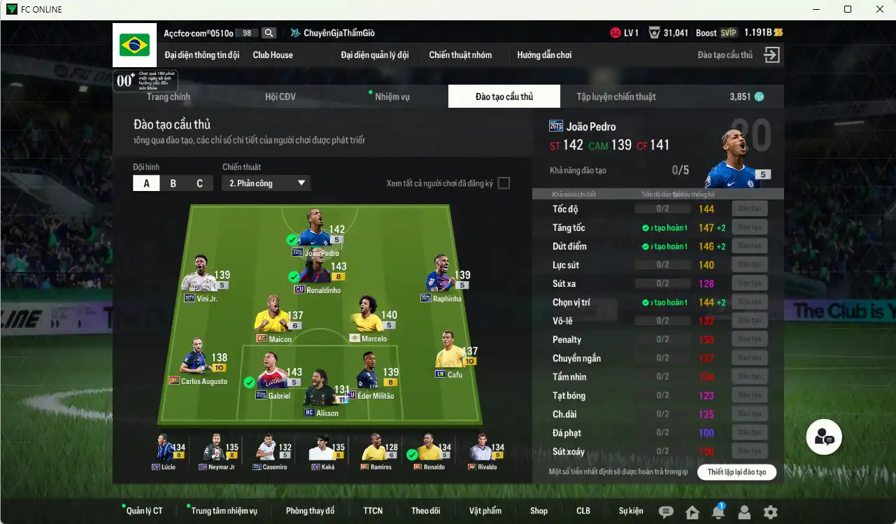 Ảnh Brazil 15.785b dư 1,2b có Marcelo ITMMM, Kaká Cu, Gabriel 26TS, Ronaldo WG, Vini 26TY, Neymar CU, João Pedro 26TS, Ronaldinho CU… Còn nhiều thẻ GIẢM THUẾ. HLV Xịn, đã đào tạo chỉ số nhiều cầu thủ