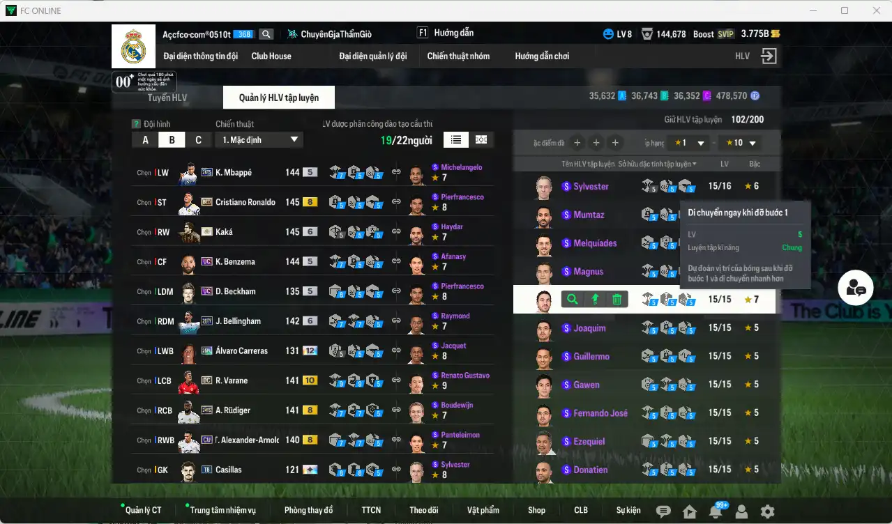 Ảnh Real Madrid 182.952b có CR7 BLD+8, Mbappé 26TS, Kaká ITM+6, Bellingham 26TY+6, Benzema UC, Beckham UC, Ronaldo WG+6, Varane DC+10, Rudiger 24TS+8… Còn rất nhiều thẻ GIẢM THUẾ. HLV Siêu Xịn, đã full đào tạo chiến thuật lẫn chỉ số ct, dư rất nhiều CP và TC