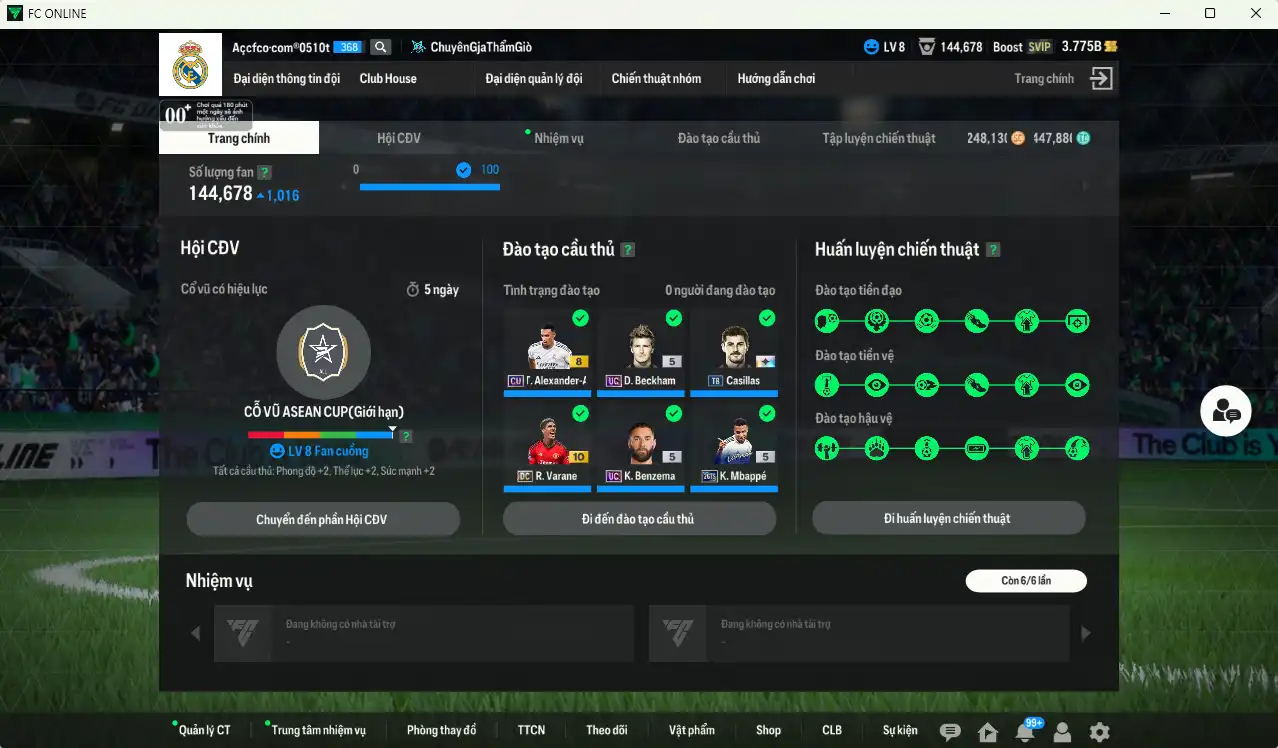 Ảnh Real Madrid 182.952b có CR7 BLD+8, Mbappé 26TS, Kaká ITM+6, Bellingham 26TY+6, Benzema UC, Beckham UC, Ronaldo WG+6, Varane DC+10, Rudiger 24TS+8… Còn rất nhiều thẻ GIẢM THUẾ. HLV Siêu Xịn, đã full đào tạo chiến thuật lẫn chỉ số ct, dư rất nhiều CP và TC