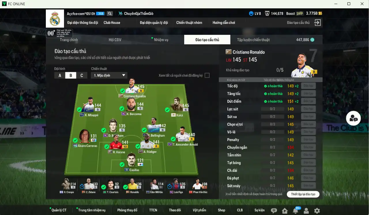 Ảnh Real Madrid 182.952b có CR7 BLD+8, Mbappé 26TS, Kaká ITM+6, Bellingham 26TY+6, Benzema UC, Beckham UC, Ronaldo WG+6, Varane DC+10, Rudiger 24TS+8… Còn rất nhiều thẻ GIẢM THUẾ. HLV Siêu Xịn, đã full đào tạo chiến thuật lẫn chỉ số ct, dư rất nhiều CP và TC