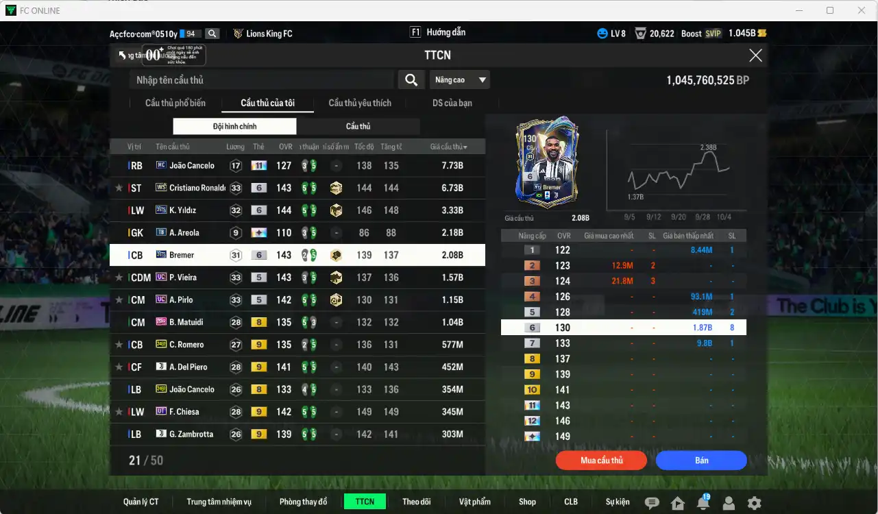 Ảnh Juventus 28.540b dư 1b có CR7 WS+6, Yildiz 26TS+5, Bremer 26TS+6, Vieira UC, Pirlo UC, Matuidi 25HR, Romero 24EP+9. Del Piero JVA+9… Còn nhiều thẻ GIẢM THUẾ. HLV tạm, đã đào tạo chỉ số nhiều ct
