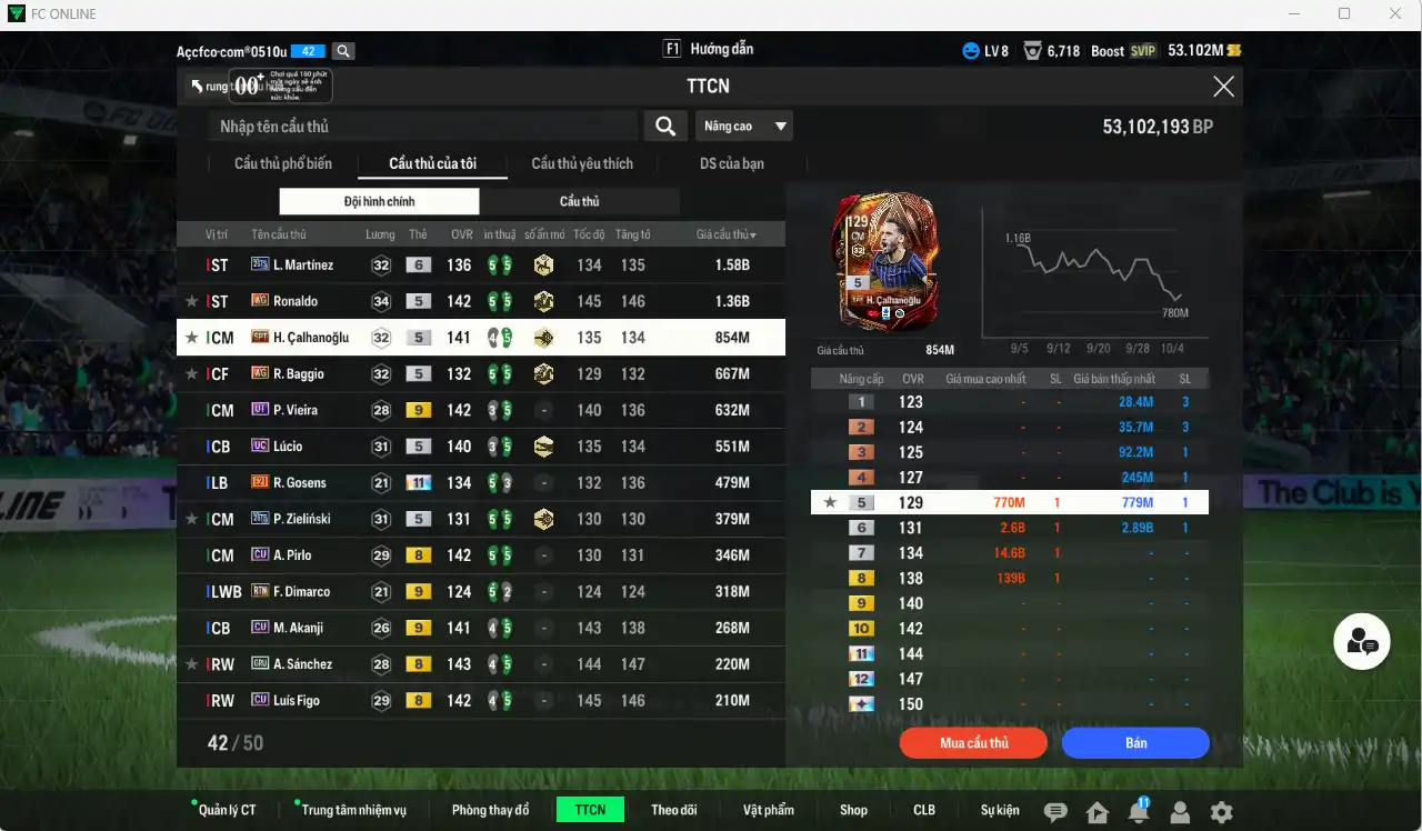 Ảnh Inter Milan 8.630b có L. Martínez 26TS+6, Ronaldo WG, Calhanoglu SPT, Baggio WG, Vieira UT+9, Lúcio UC, Gosens E21+11, Zielinski 26TS… Còn thẻ GIẢM THUẾ, đã đào tạo chỉ số nhiều ct