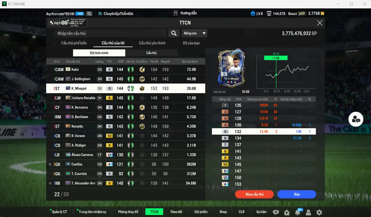 Ảnh Real Madrid 182.952b có CR7 BLD+8, Mbappé 26TS, Kaká ITM+6, Bellingham 26TY+6, Benzema UC, Beckham UC, Ronaldo WG+6, Varane DC+10, Rudiger 24TS+8… Còn rất nhiều thẻ GIẢM THUẾ. HLV Siêu Xịn, đã full đào tạo chiến thuật lẫn chỉ số ct, dư rất nhiều CP và TC