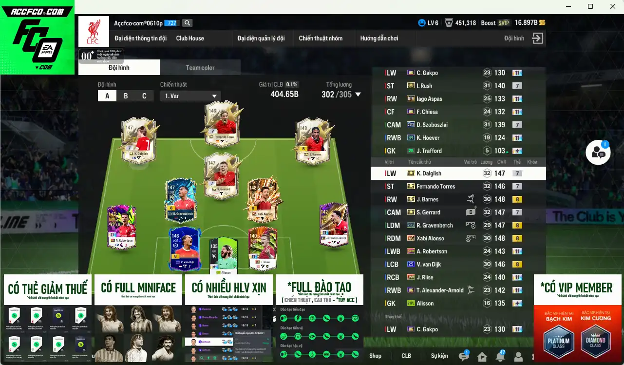Liverpool mid-end 404.650b dư 16b có Barnes ITM+8, Torres ITM+7, Gerrard ITM+7, Rush ITM+7, Dalglish ITM+7, Gravenberch 25TS+8, Szoboszlai 26TS+7, Alonso WG+8, Van Dijk 25UCL+8… Full miniface, còn nhiều thẻ GIẢM THUẾ. HLV Siêu Xịn, đã full đào tạo chiến thuật lẫn chỉ số cầu thủ, dư nhiều CP (VIP KC Tháng 10)