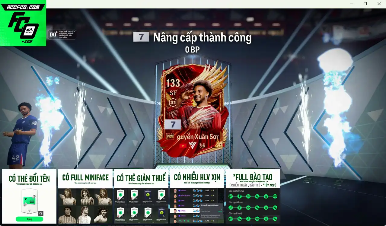 ACC FCO có Xuân Son PRM+7 vs 23,053b BP trắng, full miniface, còn nhiều thẻ GIẢM THUẾ, SVIP và coin ITM. HLV Siêu Xịn, đã full đào tạo chiến thuật, dư 300k TC
