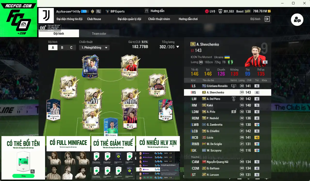 Juventus mix AC Milan 182.778b có Sheva ITM+6, Kaká ITM, Nedved ITM+6, Del Piero ITM+6, Pirlo ITM+6, Chiellini ITM+6, Gattuso ITM+6, CR7 26TS+6… Full miniface, còn nhiều thẻ GIẢM THUẾ. HLV Xịn, dư nhiều CP, đã đào tạo full chỉ số nhiều ct