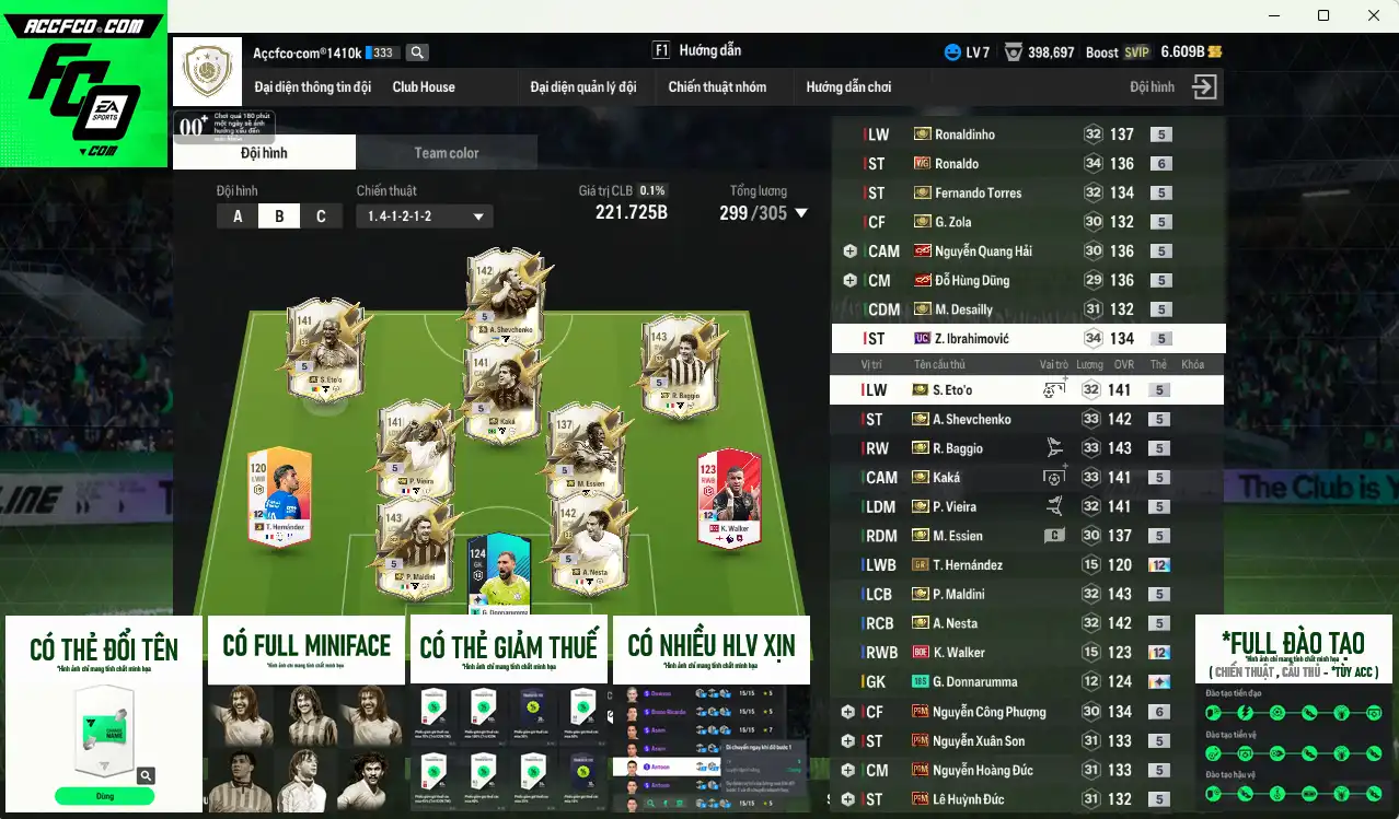 AC Milan mùa ITM+5 221.725b có Sheva, Maldini, Kaká, Baggio, Ronaldinho, Eto, Torres, Vieira, Nesta, Desailly, Essien, Zol… vs Team phụ VN PRM vs IP. Full miniface, còn thẻ GIẢM THUẾ. HLV Siêu Xịn, đã full đào tạo chiến thuật vs chỉ số cầu thủ