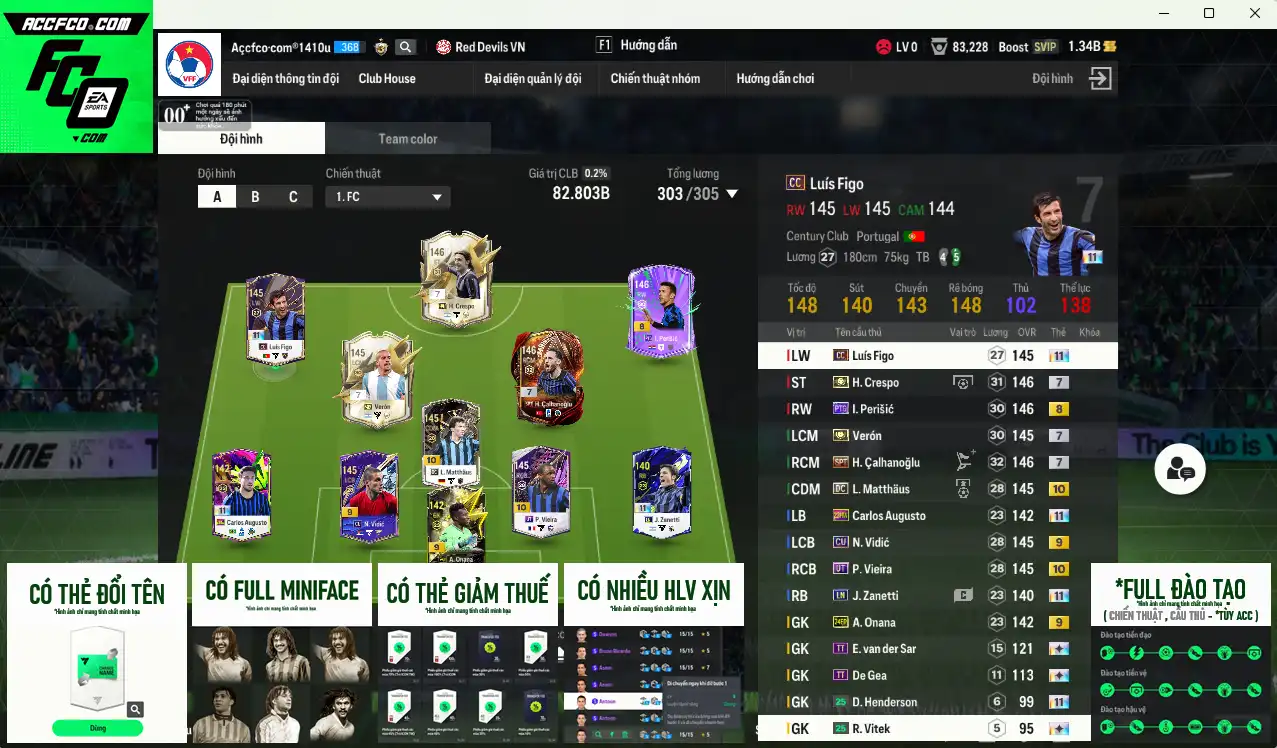 Inter Milan 82.803b có Crespo ITM+7, Verón ITM+7, Perisic PTG+8, Figo CC+11 (bù), Calhanoglu SPT+7, Matthaus DC+10, Vieira UT+10, Augusto 23HW+11, Zanetti LN+11… Full miniface, còn rất nhiều thẻ GIẢM THUẾ vs coin ITM. HLV Xịn, dư nhiều CP, đã đào tạo full chỉ số ct