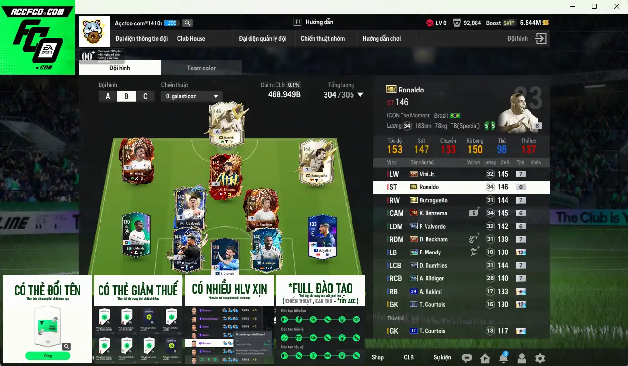 Real Madrid 468.949b có Ronaldo ITM+6, Benzema PRM+6, Dumfries 26TY+7, Butragueno ITM+7, Vini SPT+7, Beckham SPT+7, Valverde 26TS+6…  Còn nhiều thẻ GIẢM THUẾ và coin ITM. HLV Xịn, đã full đào tạo chiến thuật vs chỉ số ct