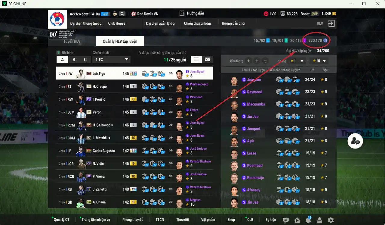 Ảnh Inter Milan 82.803b có Crespo ITM+7, Verón ITM+7, Perisic PTG+8, Figo CC+11 (bù), Calhanoglu SPT+7, Matthaus DC+10, Vieira UT+10, Augusto 23HW+11, Zanetti LN+11… Full miniface, còn rất nhiều thẻ GIẢM THUẾ vs coin ITM. HLV Xịn, dư nhiều CP, đã đào tạo full chỉ số ct