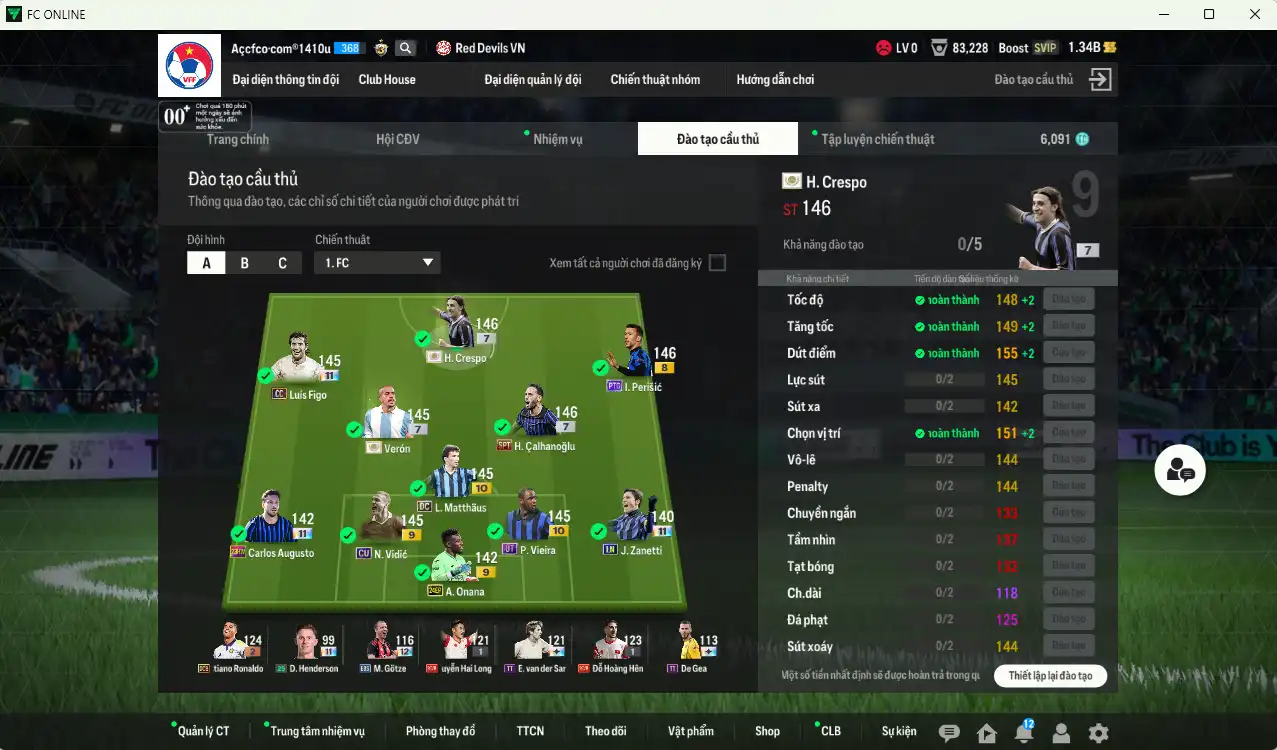 Ảnh Inter Milan 82.803b có Crespo ITM+7, Verón ITM+7, Perisic PTG+8, Figo CC+11 (bù), Calhanoglu SPT+7, Matthaus DC+10, Vieira UT+10, Augusto 23HW+11, Zanetti LN+11… Full miniface, còn rất nhiều thẻ GIẢM THUẾ vs coin ITM. HLV Xịn, dư nhiều CP, đã đào tạo full chỉ số ct