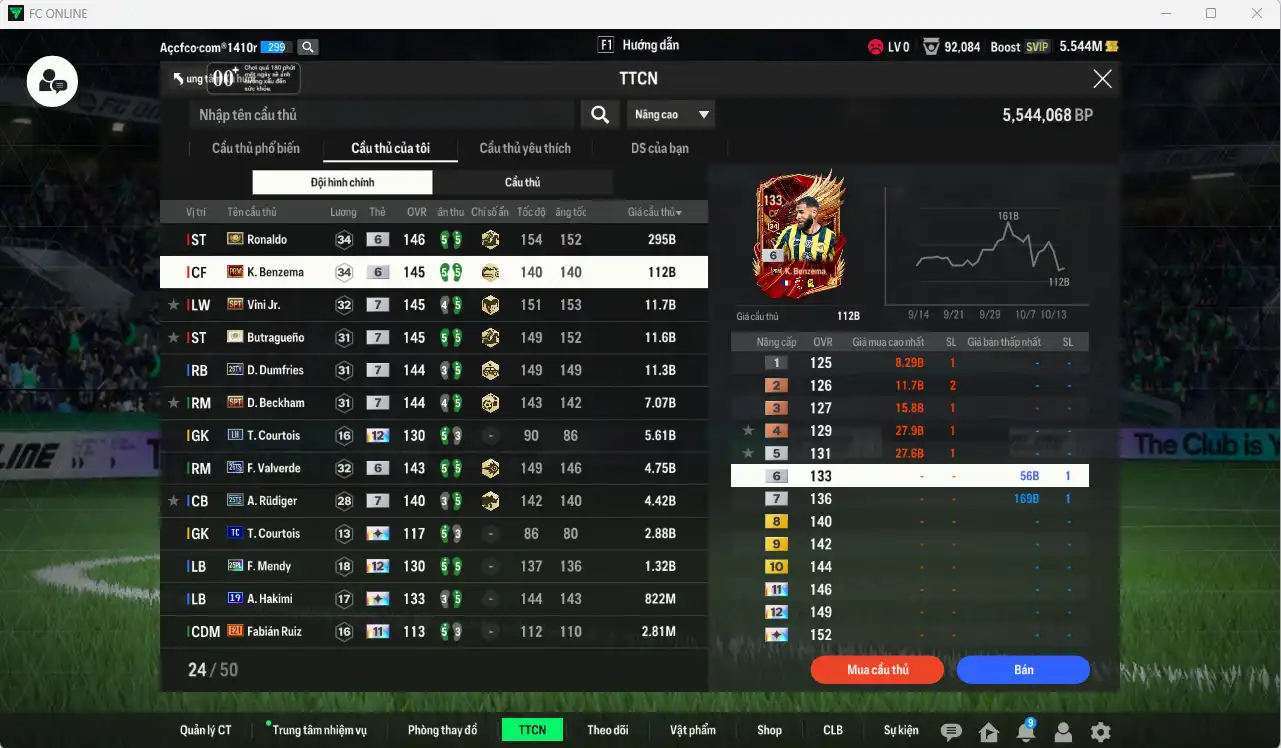 Ảnh Real Madrid 468.949b có Ronaldo ITM+6, Benzema PRM+6, Dumfries 26TY+7, Butragueno ITM+7, Vini SPT+7, Beckham SPT+7, Valverde 26TS+6…  Còn nhiều thẻ GIẢM THUẾ và coin ITM. HLV Xịn, đã full đào tạo chiến thuật vs chỉ số ct