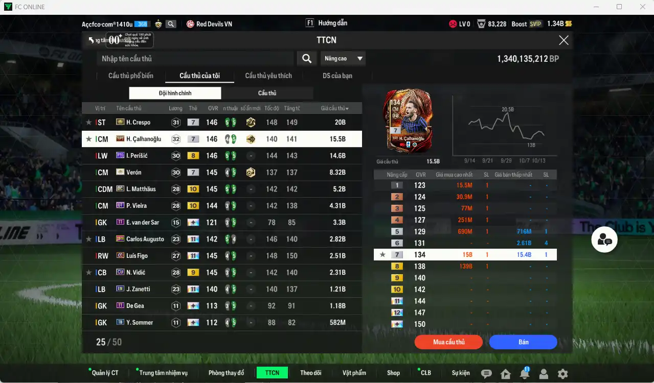 Ảnh Inter Milan 82.803b có Crespo ITM+7, Verón ITM+7, Perisic PTG+8, Figo CC+11 (bù), Calhanoglu SPT+7, Matthaus DC+10, Vieira UT+10, Augusto 23HW+11, Zanetti LN+11… Full miniface, còn rất nhiều thẻ GIẢM THUẾ vs coin ITM. HLV Xịn, dư nhiều CP, đã đào tạo full chỉ số ct