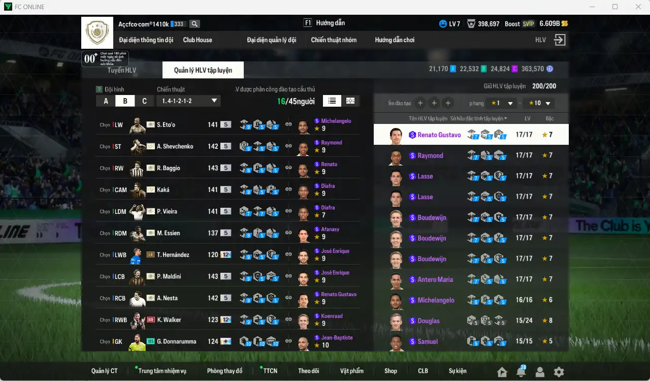 Ảnh AC Milan mùa ITM+5 221.725b có Sheva, Maldini, Kaká, Baggio, Ronaldinho, Eto, Torres, Vieira, Nesta, Desailly, Essien, Zol… vs Team phụ VN PRM vs IP. Full miniface, còn thẻ GIẢM THUẾ. HLV Siêu Xịn, đã full đào tạo chiến thuật vs chỉ số cầu thủ