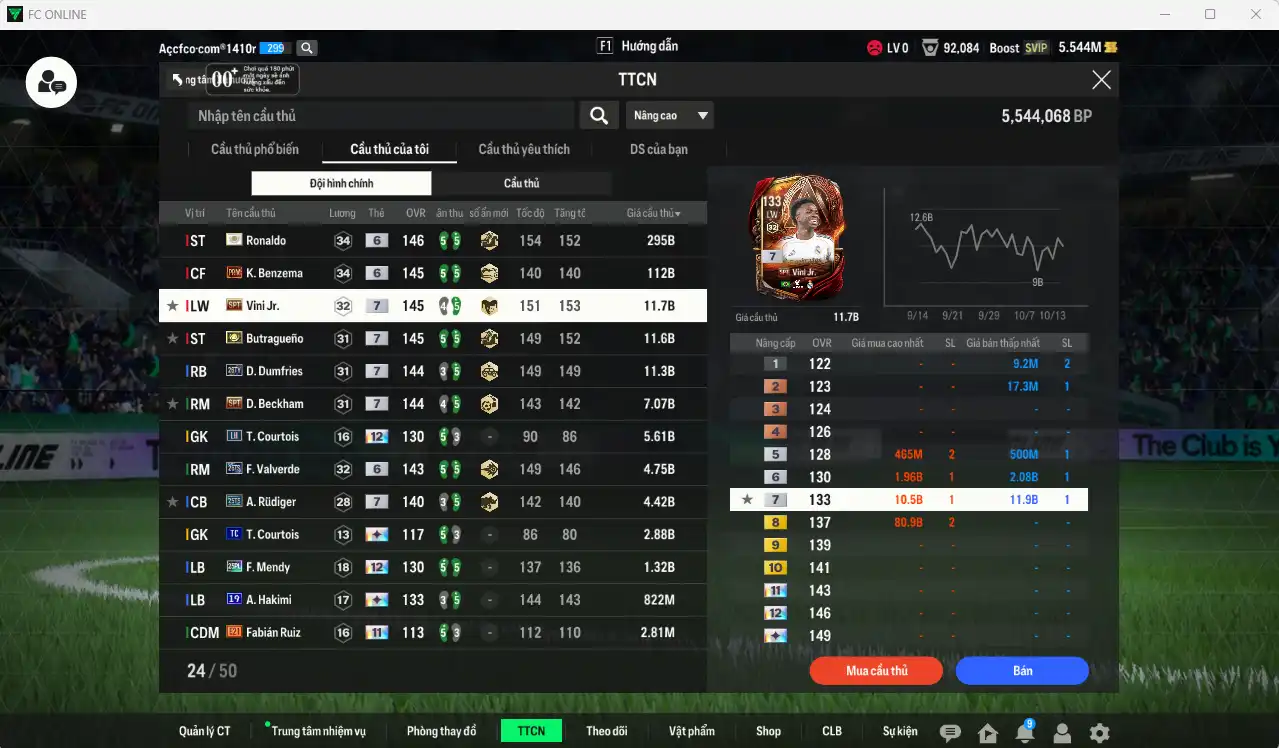 Ảnh Real Madrid 468.949b có Ronaldo ITM+6, Benzema PRM+6, Dumfries 26TY+7, Butragueno ITM+7, Vini SPT+7, Beckham SPT+7, Valverde 26TS+6…  Còn nhiều thẻ GIẢM THUẾ và coin ITM. HLV Xịn, đã full đào tạo chiến thuật vs chỉ số ct