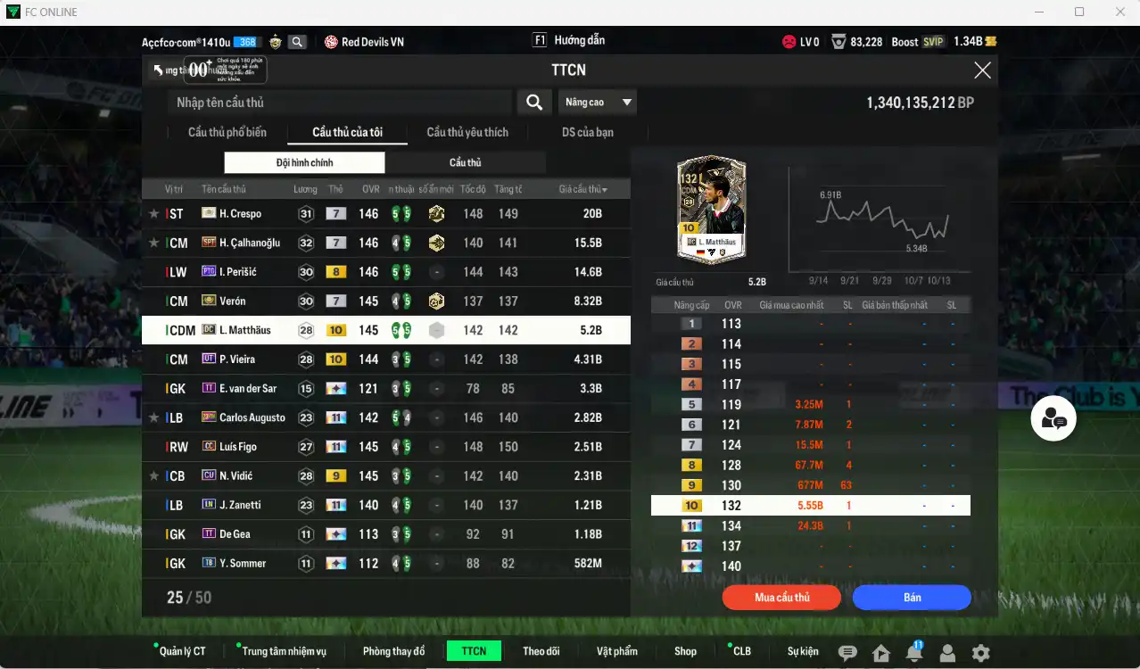 Ảnh Inter Milan 82.803b có Crespo ITM+7, Verón ITM+7, Perisic PTG+8, Figo CC+11 (bù), Calhanoglu SPT+7, Matthaus DC+10, Vieira UT+10, Augusto 23HW+11, Zanetti LN+11… Full miniface, còn rất nhiều thẻ GIẢM THUẾ vs coin ITM. HLV Xịn, dư nhiều CP, đã đào tạo full chỉ số ct