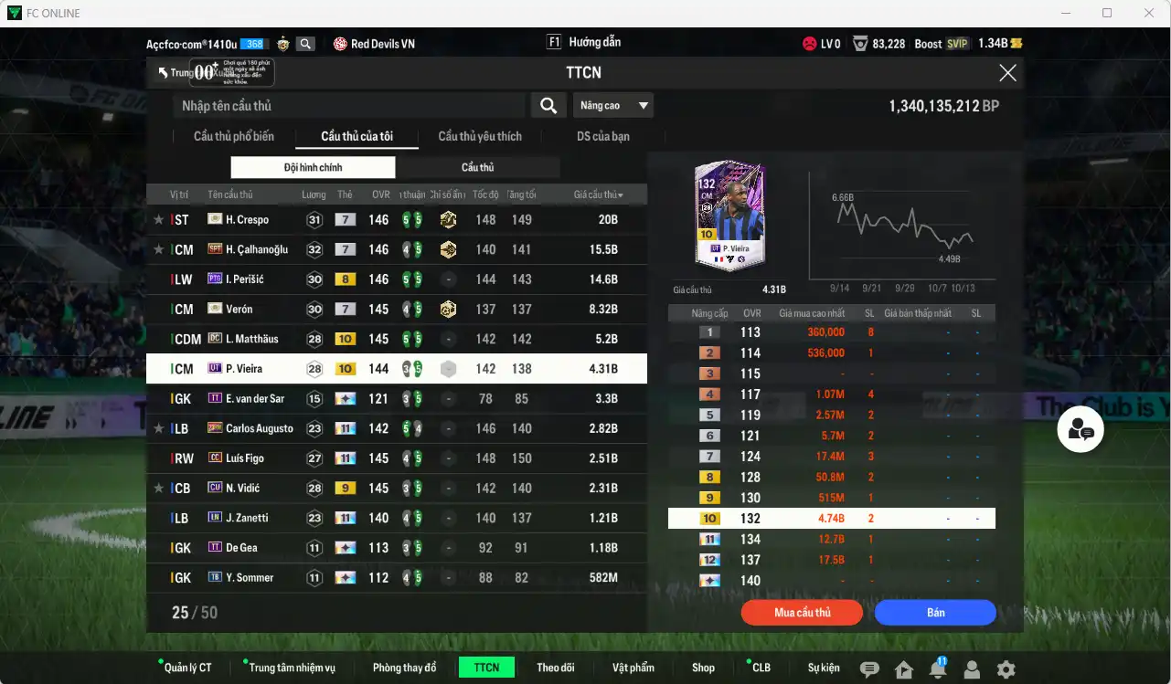 Ảnh Inter Milan 82.803b có Crespo ITM+7, Verón ITM+7, Perisic PTG+8, Figo CC+11 (bù), Calhanoglu SPT+7, Matthaus DC+10, Vieira UT+10, Augusto 23HW+11, Zanetti LN+11… Full miniface, còn rất nhiều thẻ GIẢM THUẾ vs coin ITM. HLV Xịn, dư nhiều CP, đã đào tạo full chỉ số ct