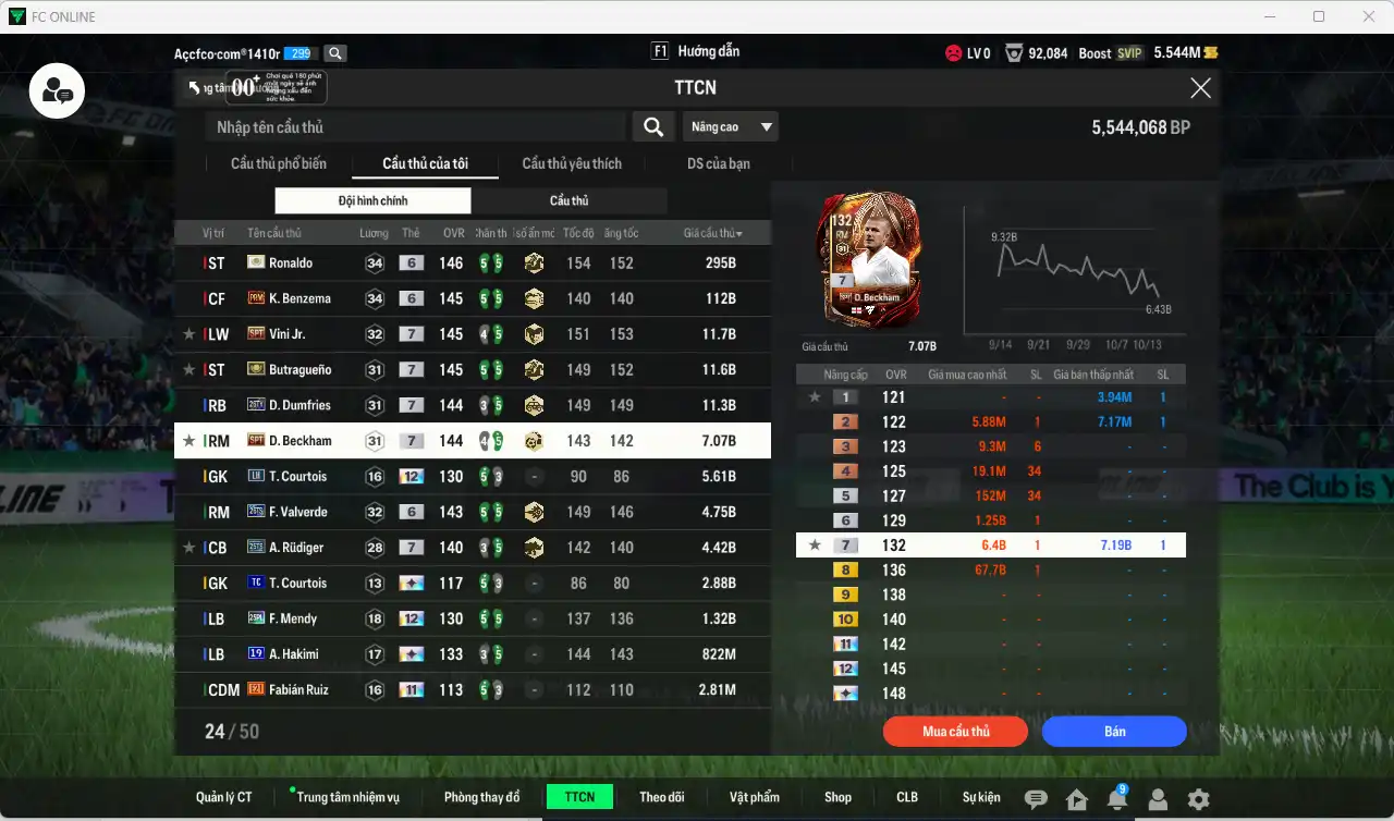 Ảnh Real Madrid 468.949b có Ronaldo ITM+6, Benzema PRM+6, Dumfries 26TY+7, Butragueno ITM+7, Vini SPT+7, Beckham SPT+7, Valverde 26TS+6…  Còn nhiều thẻ GIẢM THUẾ và coin ITM. HLV Xịn, đã full đào tạo chiến thuật vs chỉ số ct