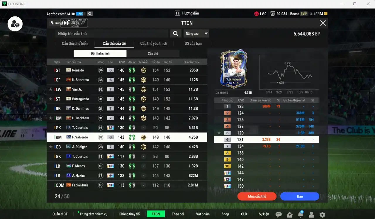 Ảnh Real Madrid 468.949b có Ronaldo ITM+6, Benzema PRM+6, Dumfries 26TY+7, Butragueno ITM+7, Vini SPT+7, Beckham SPT+7, Valverde 26TS+6…  Còn nhiều thẻ GIẢM THUẾ và coin ITM. HLV Xịn, đã full đào tạo chiến thuật vs chỉ số ct