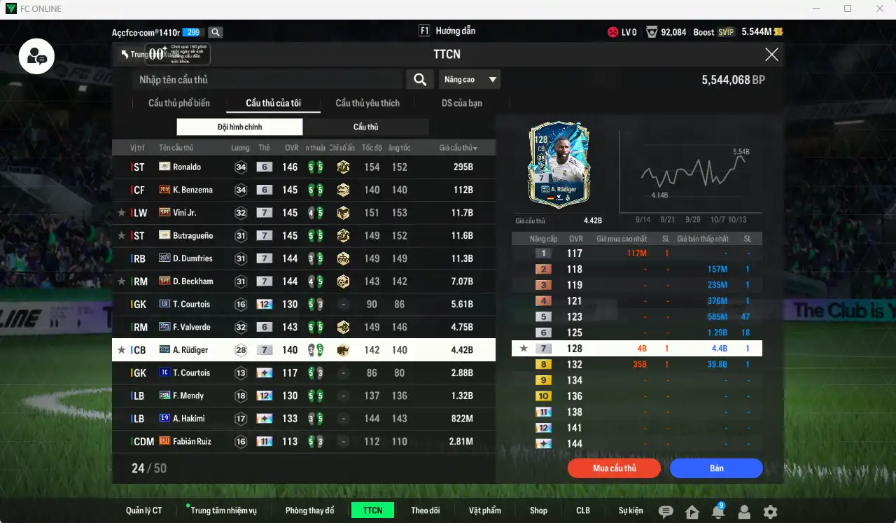 Ảnh Real Madrid 468.949b có Ronaldo ITM+6, Benzema PRM+6, Dumfries 26TY+7, Butragueno ITM+7, Vini SPT+7, Beckham SPT+7, Valverde 26TS+6…  Còn nhiều thẻ GIẢM THUẾ và coin ITM. HLV Xịn, đã full đào tạo chiến thuật vs chỉ số ct