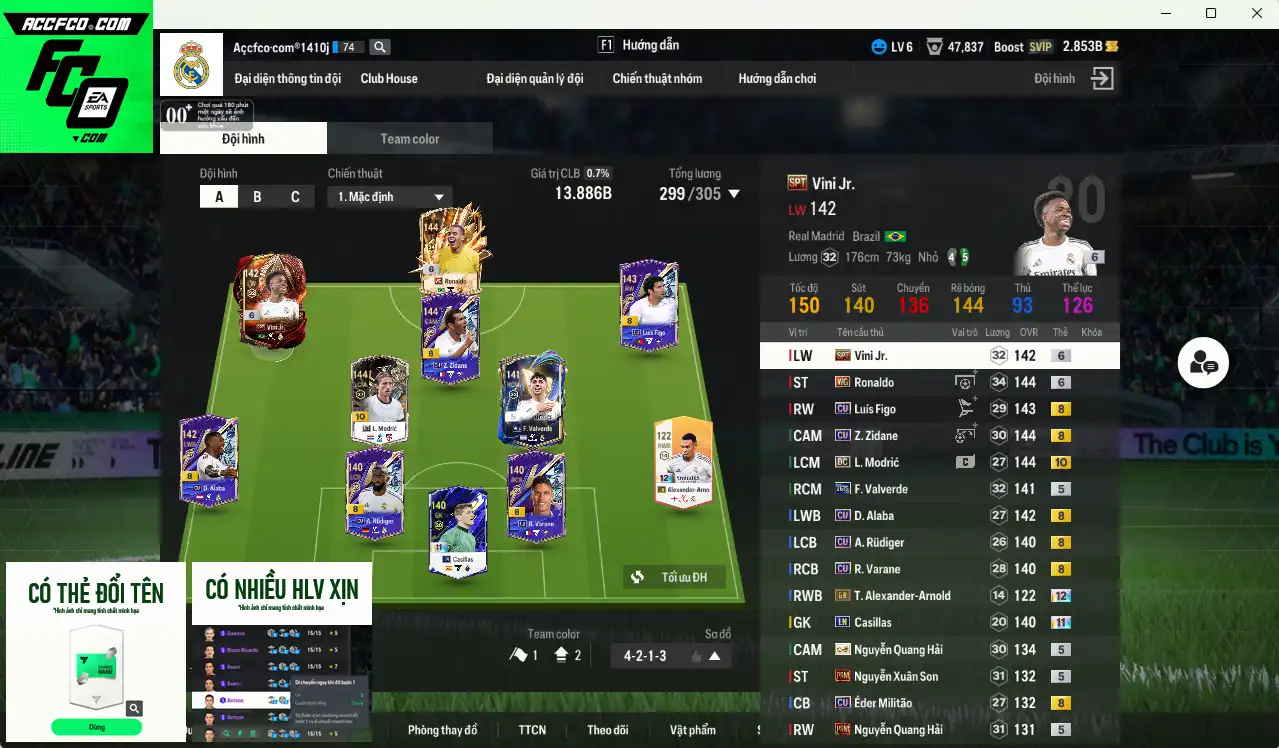 Real Madrid 13.886b dư 2,8b có Ronaldo WG+6, Vini SPT+6, Valverde 26TS+6, Zidane CU, Casillas LN+11, Modric DC+10… HLV Xịn