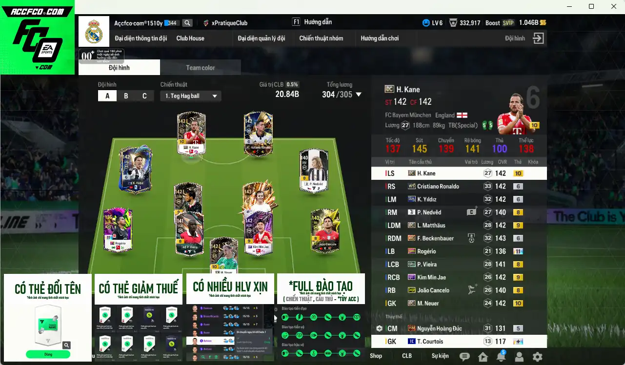 Quốc Dân 20.840b dư 1b có CR6 WS+6, Yildiz 26TS+6, Beckenbauer WG+6, Matthaus DC+9, Kane DC+10, Rogério HW+11… Còn nhiều thẻ GIẢM THUẾ. HLV Xịn, dư nhiều CP, đã full đào tạo chiến thuật vs chỉ số ct