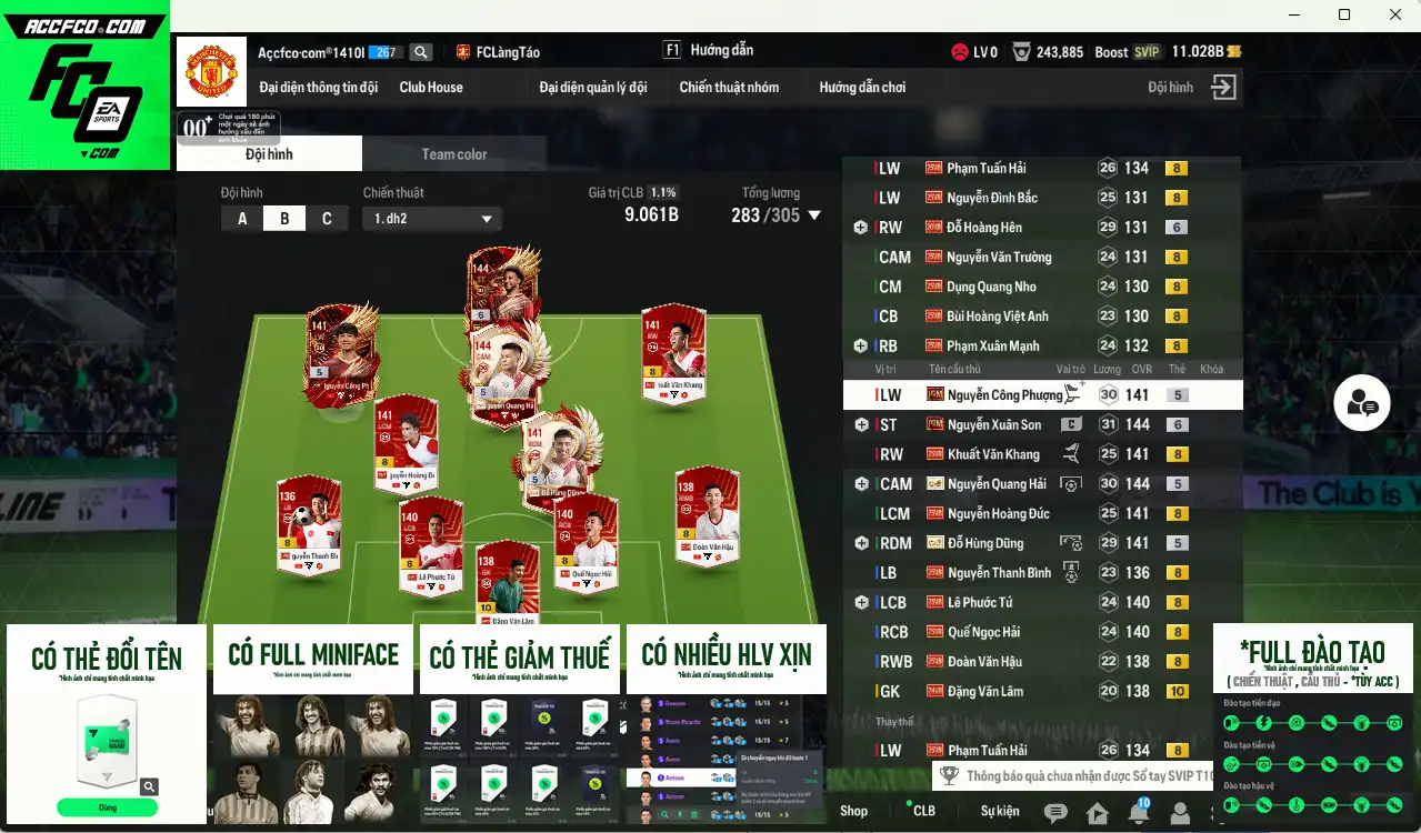 Team Việt Nam có Hùng Dũng IP, Quang Hải IP vs 11,02b BP trắng, có thẻ đổi tên, full miniface, còn nhiều thẻ GIẢM THUẾ. HLV Siêu Xịn, đã full đào tạo chiến thuật, dư rất nhiều CP và TC