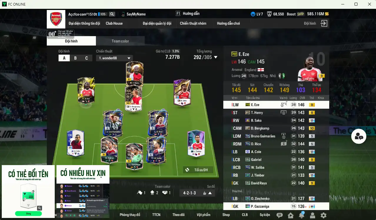 Arsenal 7.277b có Eze 24EP+9, Rice 26TS, Saka HG+11, Saliba 26TS… Có thẻ đổi tên. HLV Xịn